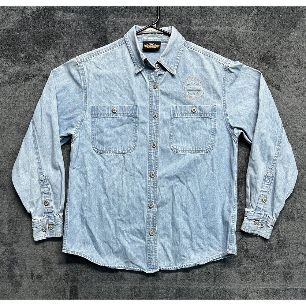 Harley Davidson Denim Shirt Womens XL Light Blue Embroidered Biker Button Up